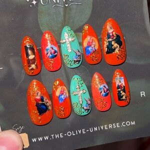 The Olive Universe Orange & Teal Religious Art Press-On Nails